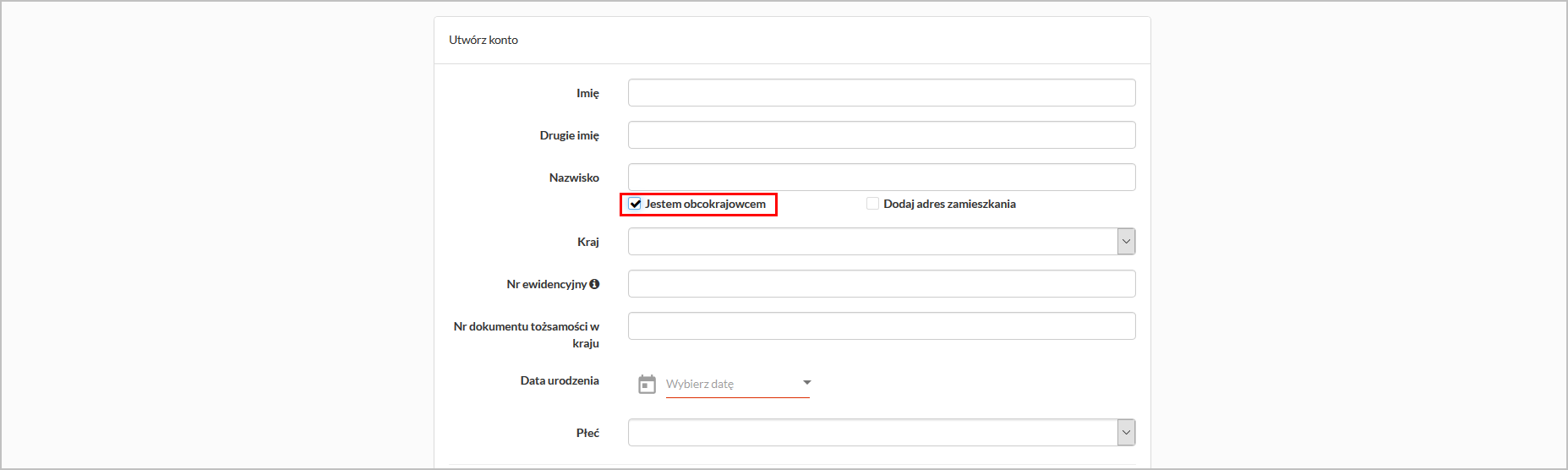 Okno rejestracji konta pacjenta, który jest obcokrajowcem