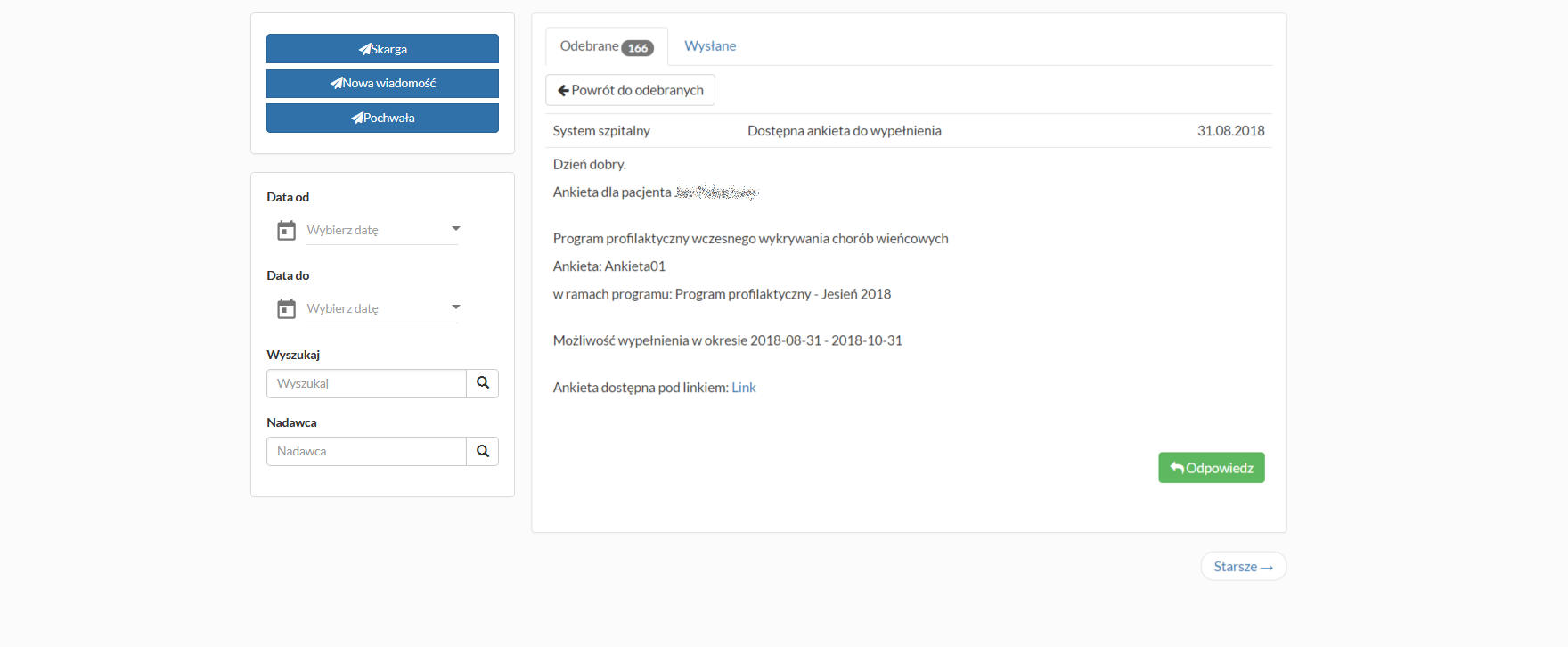 Przykładowa wiadomość z ankietą do wypełnienia