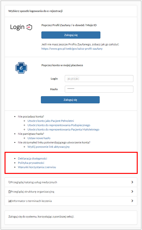 Ekran logowania z opcjami: "Deklaracja dostępności", "Polityka prywatności" oraz "Warunki korzystania z serwisu"