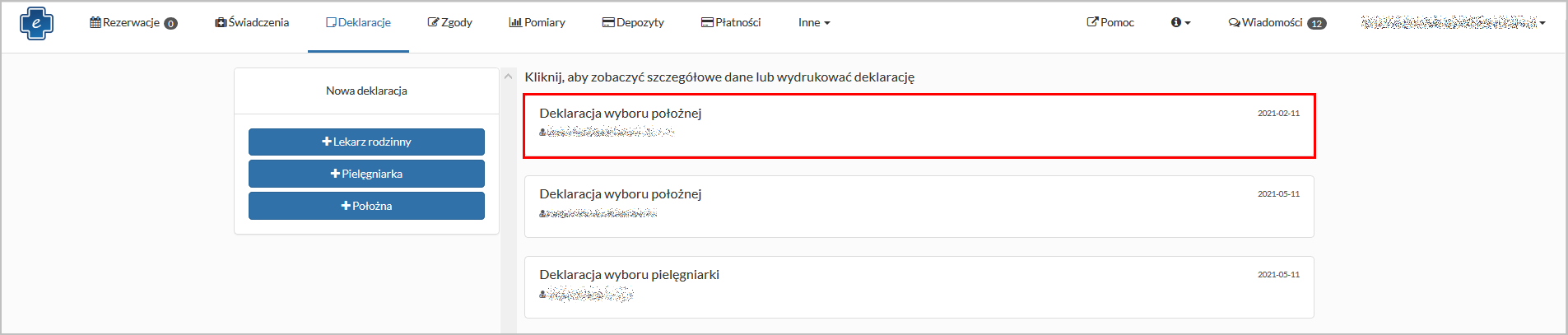 Okno "Deklaracje" - lista deklaracji