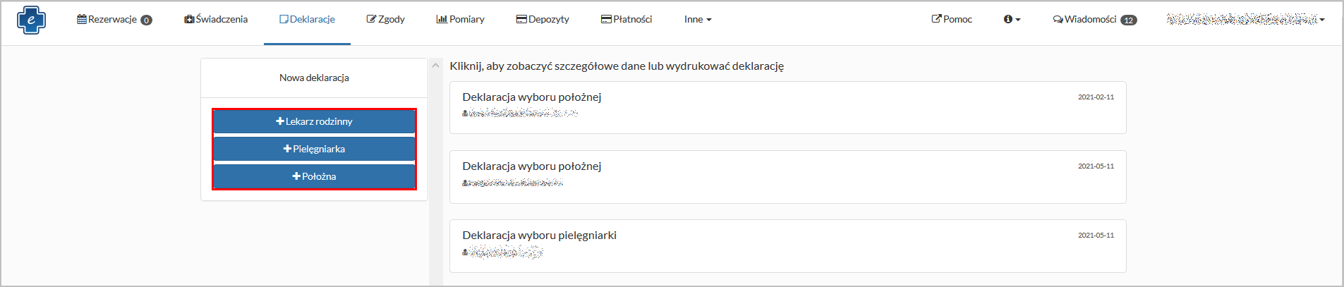 Okno "Deklaracje" - przyciski umożliwiające rejestrację nowej deklaracji