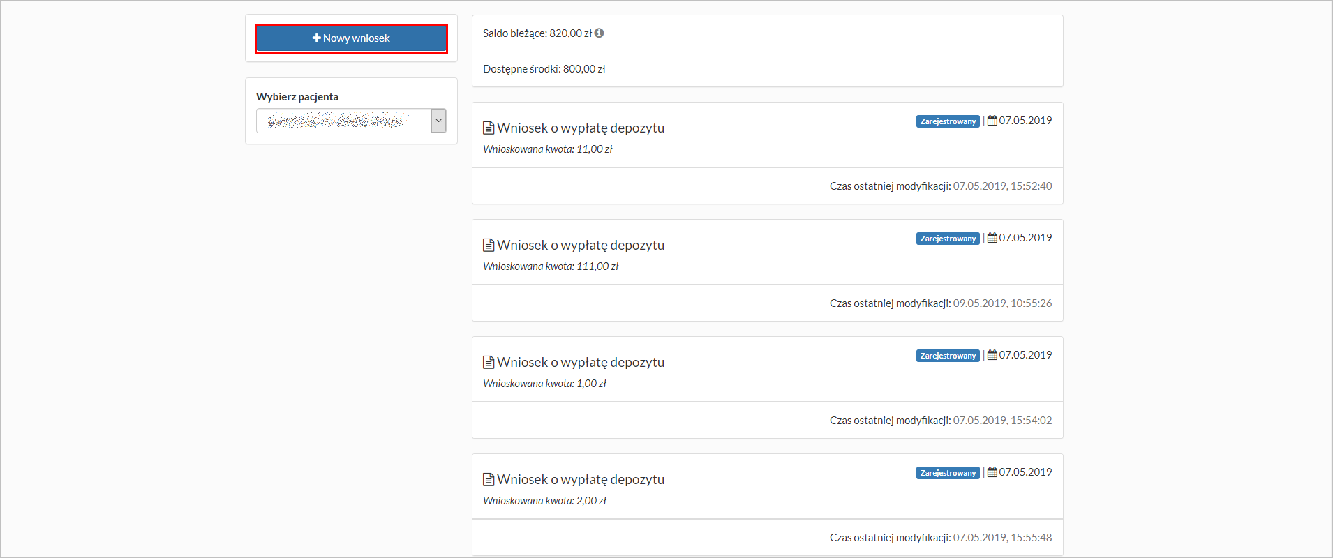 Okno "Depozyty" - dodawanie nowego wniosku
