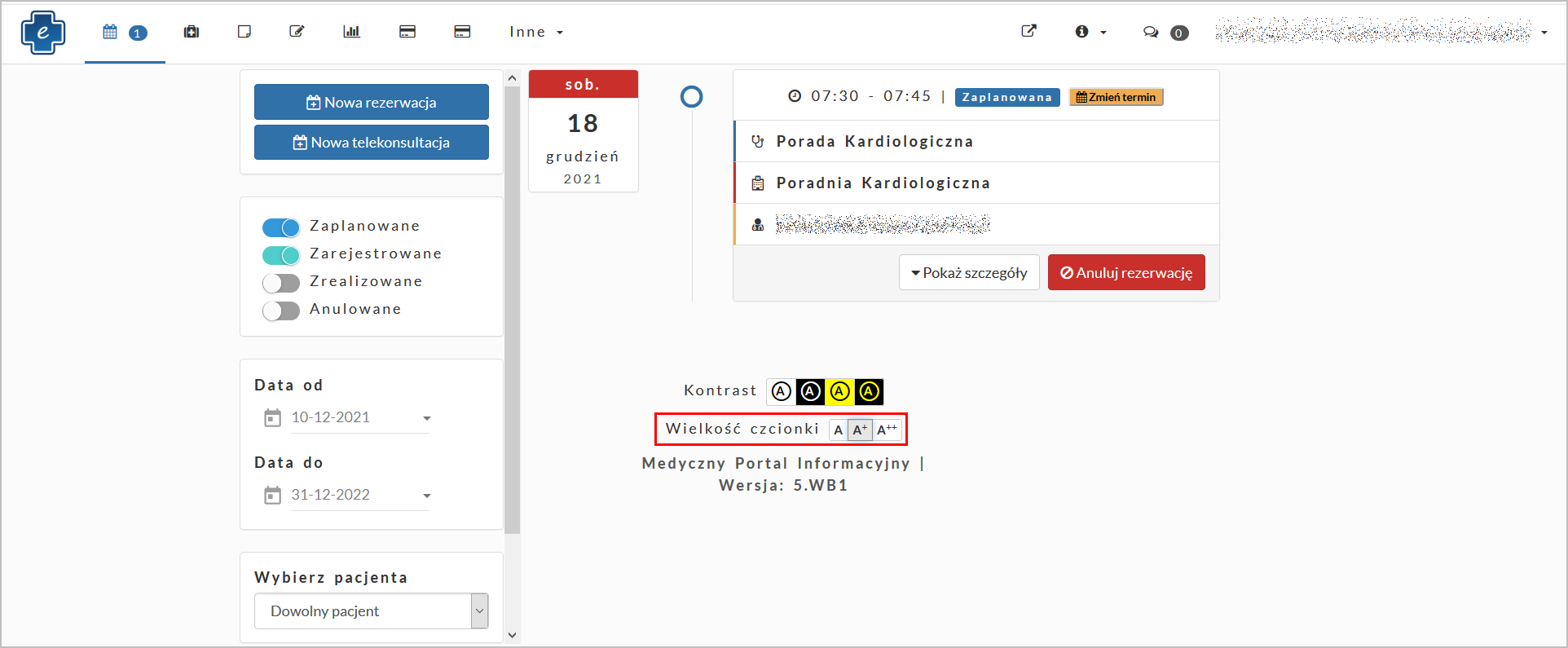 Moduł e-Pacjent - zmiana czcionki w oknach