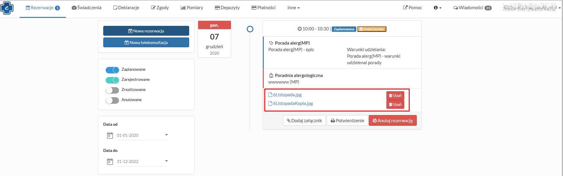 Okno "Rezerwacje" - lista dodanych załączników z możliwością usunięcia