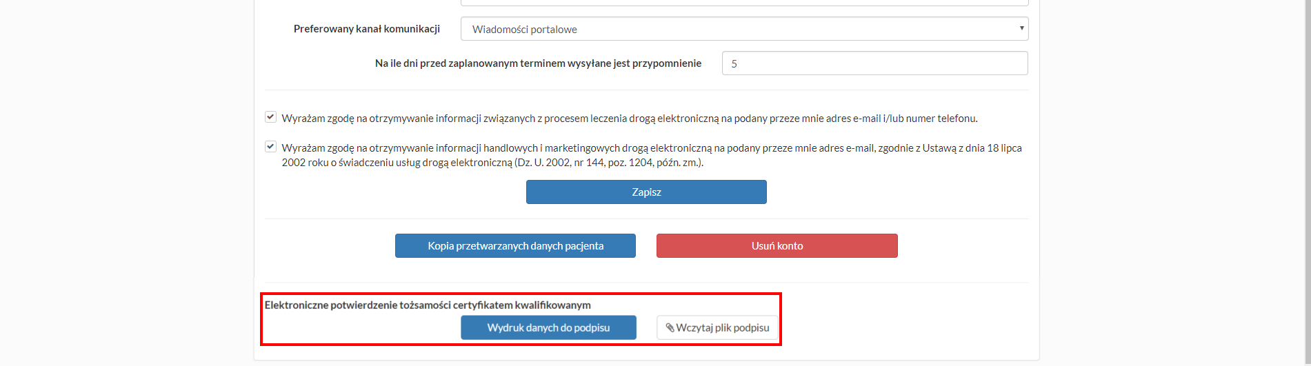 Okno "Konto" - sekcja elektronicznego potwierdzenia tożsamości certyfikatem kwalifikowanym