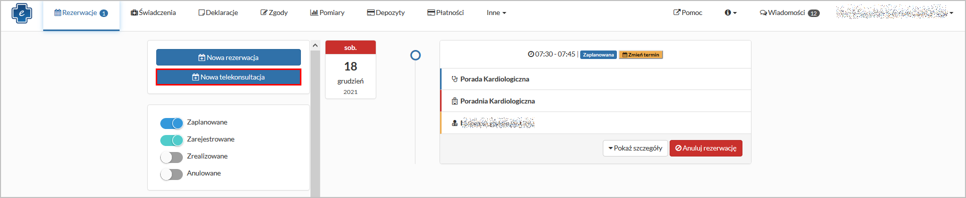 Telekonsultacja - przycisk "Nowa telekonsultacja"