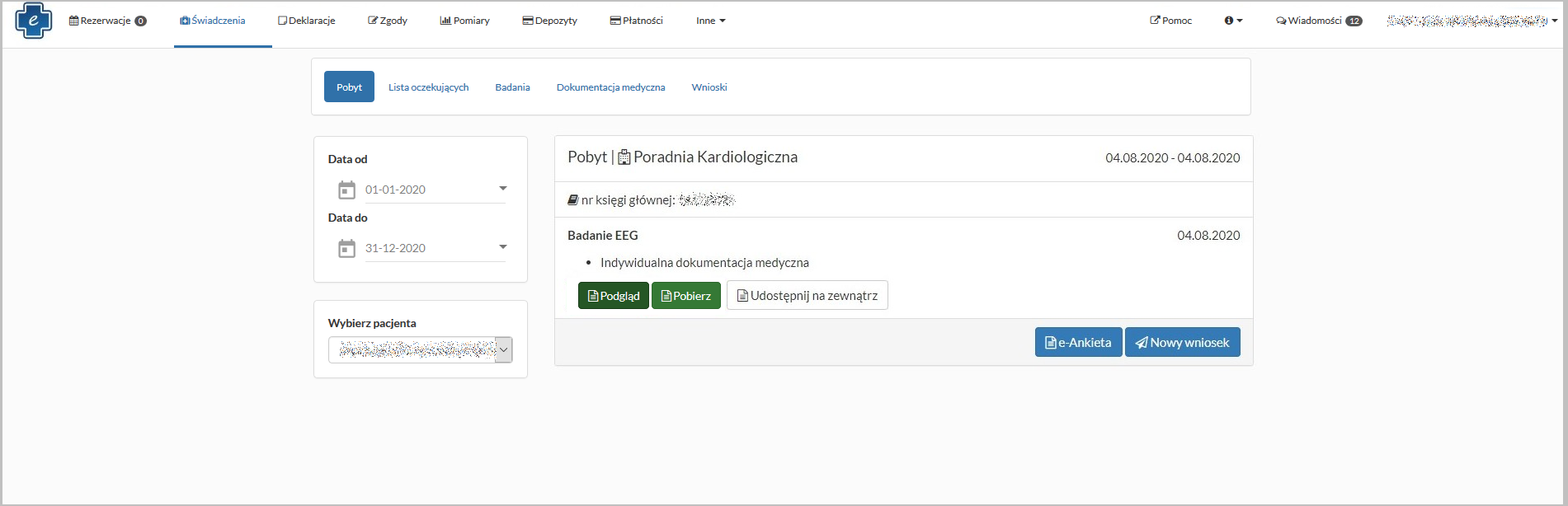 Zakładka "Pobyt" - przyciski dostępne dla pobytu