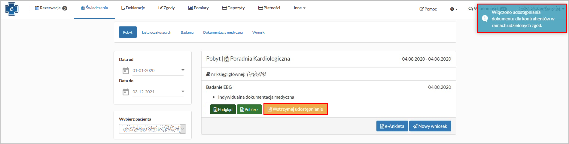 Zakładka "Pobyt" - przycisk udostępniania dokumentu