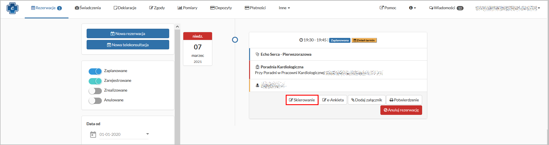 Okno "Rezerwacje" - przycisk "Skierowanie"