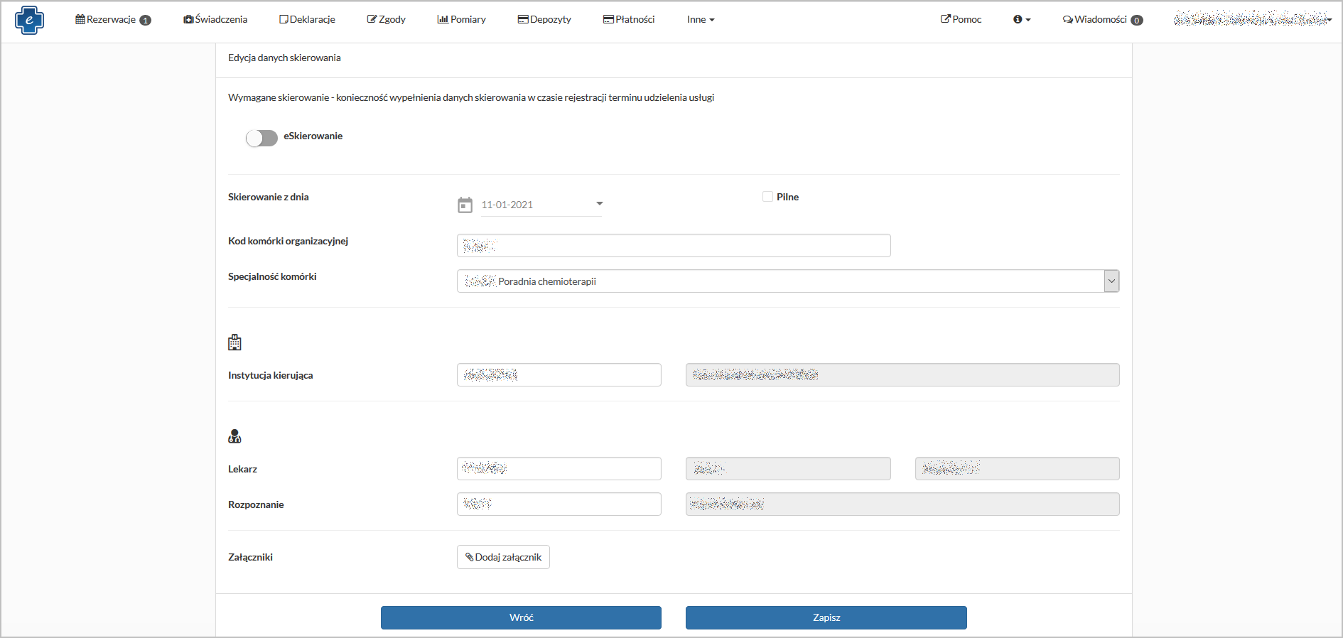 Okno "Rezerwacje" - edycja danych skierowania