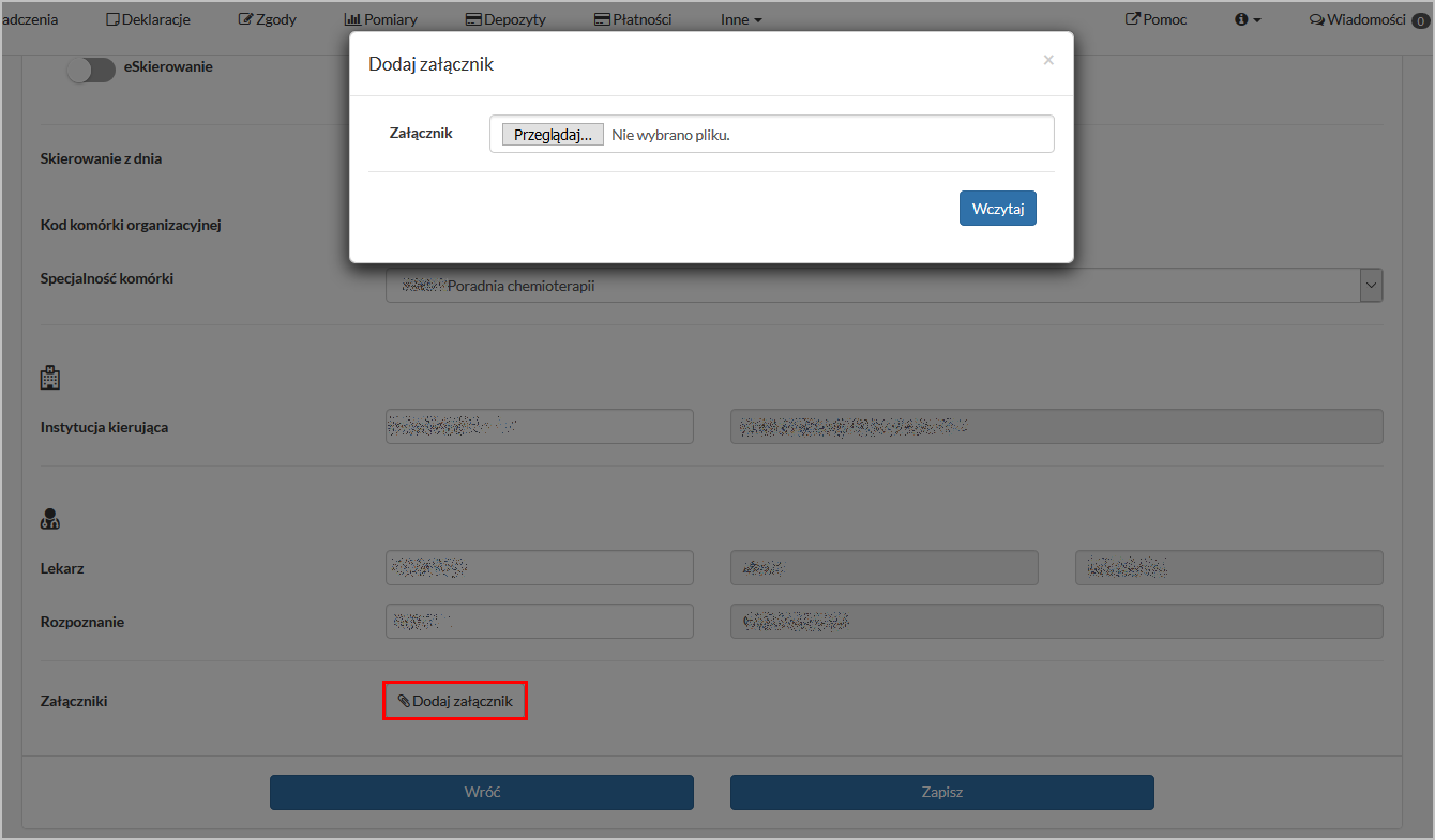 Okno "Rezerwacje" - dodawanie załącznika dla skierowania
