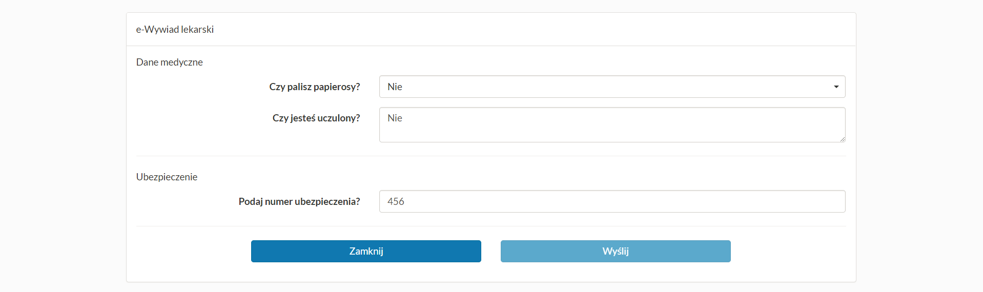 Okno "Rezerwacje" - uzupełnienie ankiety dotyczącej pacjenta