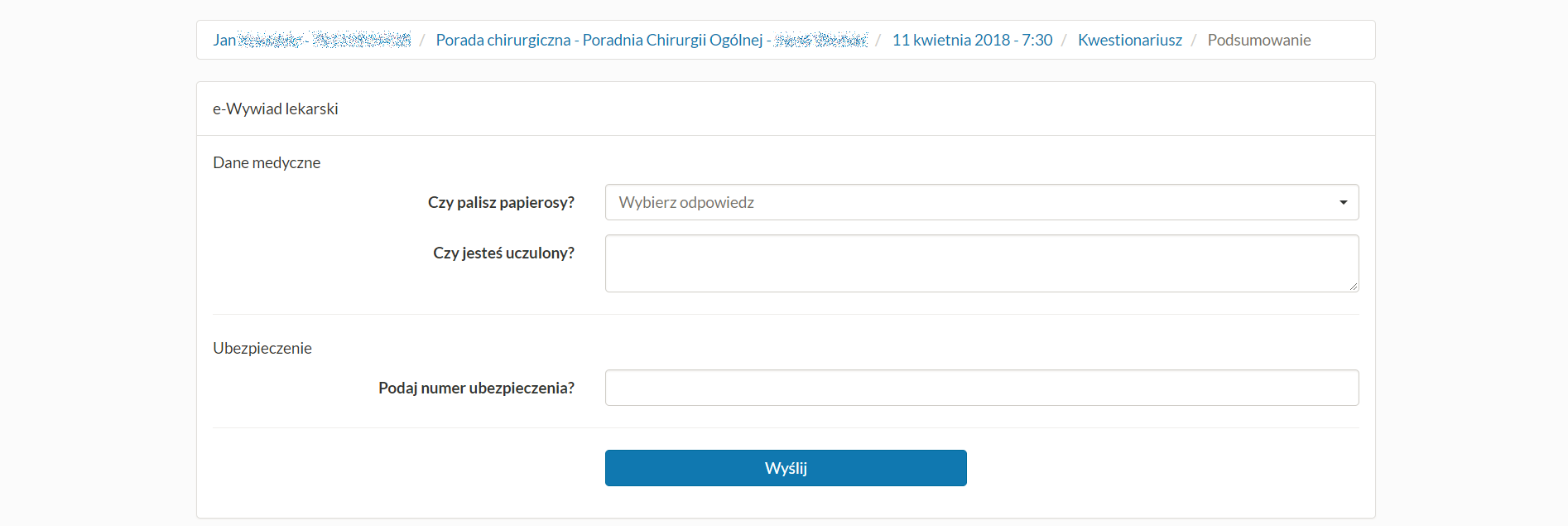 Tworzenie nowej rezerwacji - przykładowy kwestionariusz