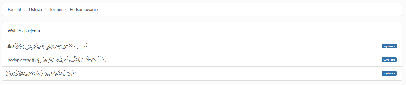 Tworzenie nowej rezezerwacji - wybór pacjenta