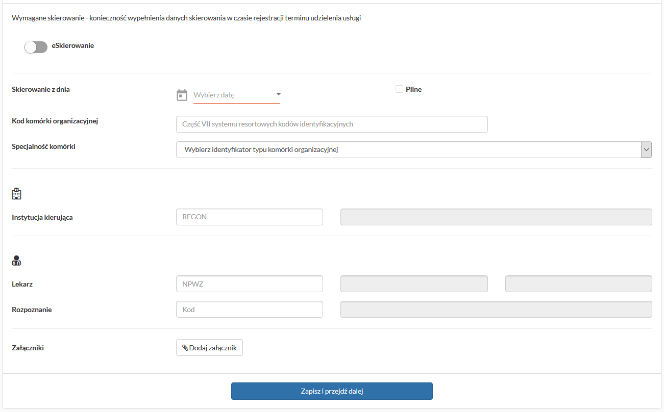 Tworzenie nowej rezerwacji - okno danych skierowania