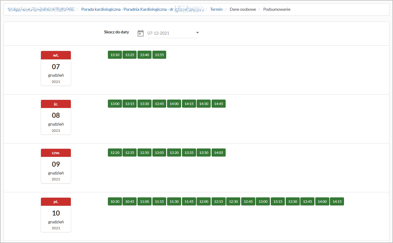 Tworzenie nowej rezerwacji - wybór daty i godziny usługi medycznej