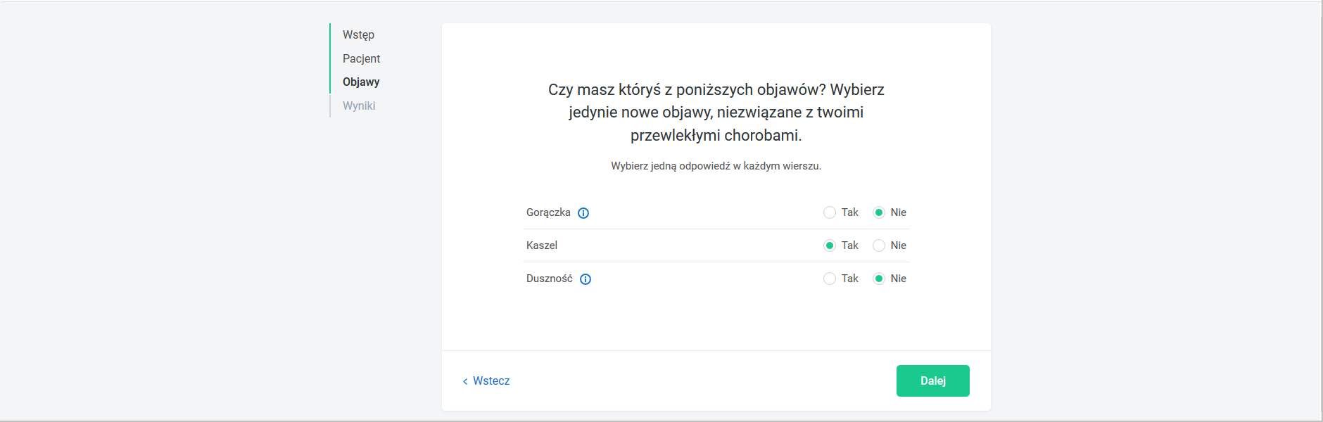 Ankieta samooceny - uzupełnianie objawów pacjenta