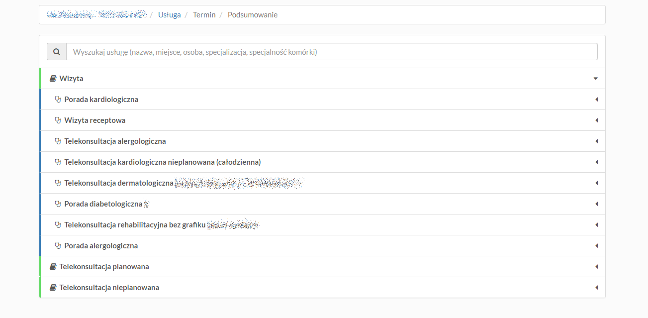 Tworzenie nowej rezezerwacji - wybór usługi medycznej