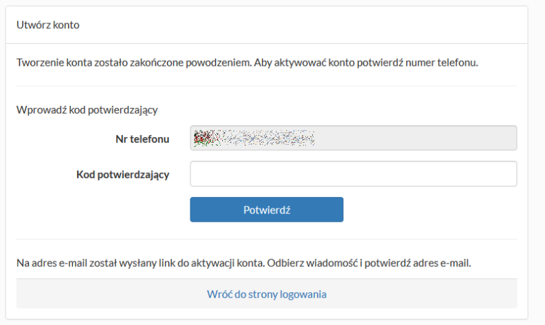 Okno rejestracji konta pacjenta - wprowadzenie kodu potwierdzającego wysłanego na numer telefonu