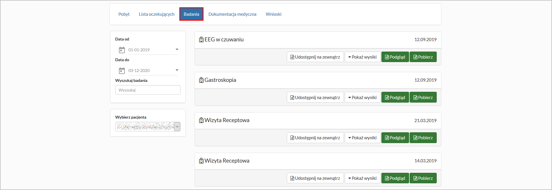 Okno "Świadczenia" - zakładka "Badania"