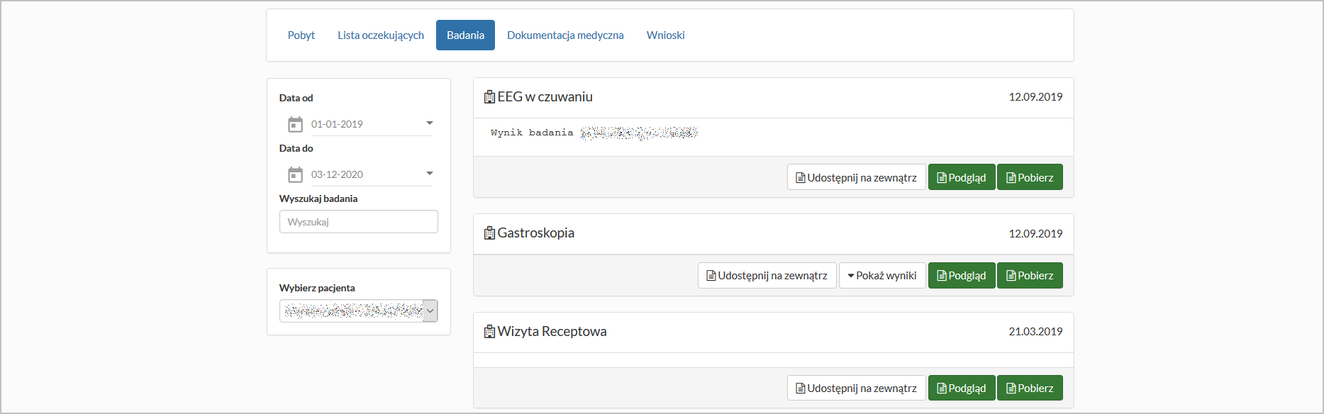 Zakładka "Badania" - szczegóły wyniku badania