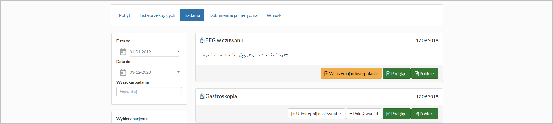 Zakładka "Badania" - opcja udostępniania dokumentacji