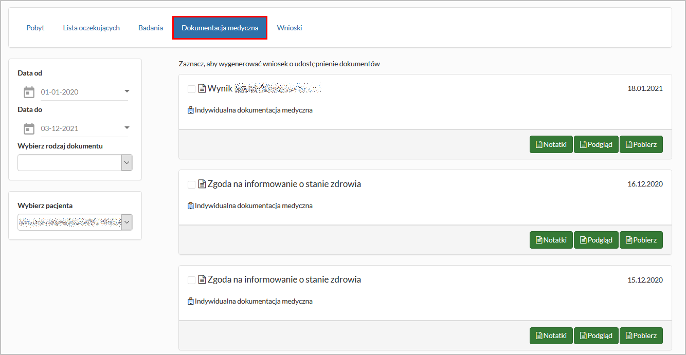 Okno "Świadczenia" - zakładka "Dokumentacja medyczna"