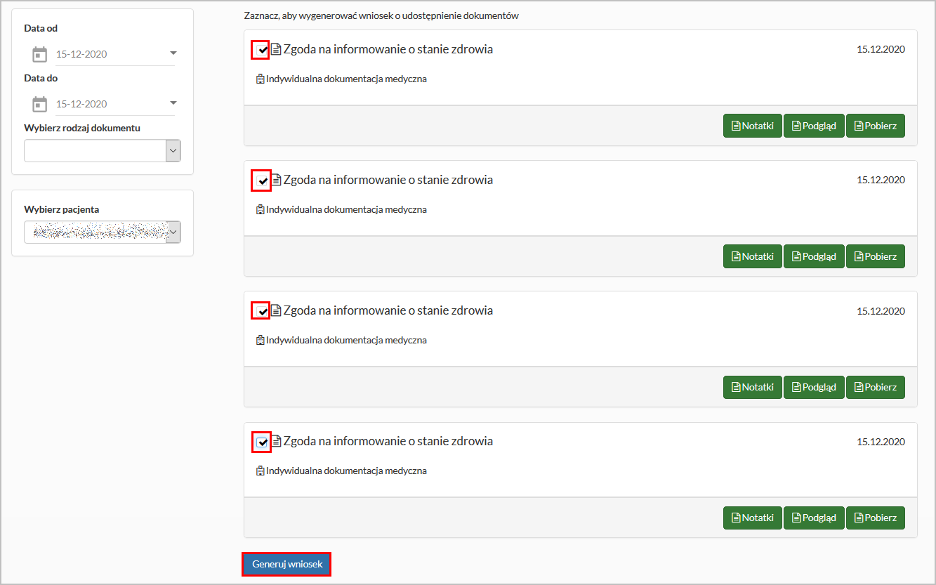 Zakładka "Dokumentacja medyczna" - zbiorcze generowanie wniosku