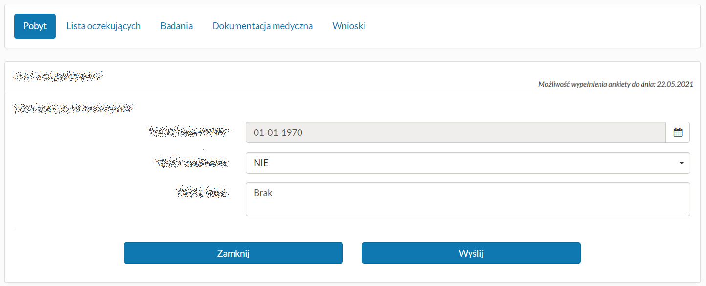 Zakładka "Pobyt" - przykładowa ankieta satysfakcji dla pobytu