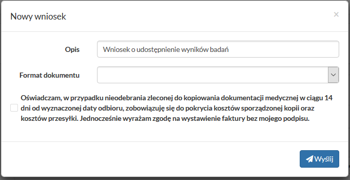 Zakładka "Pobyt" - okno rejestracji nowego wniosku o udostępnienie dokumentacji