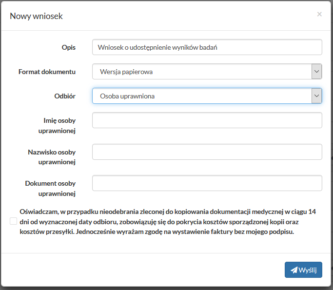 Zakładka "Pobyt" - okno rejestracji nowego wniosku o udostępnienie dokumentacji w wersji papierowej
