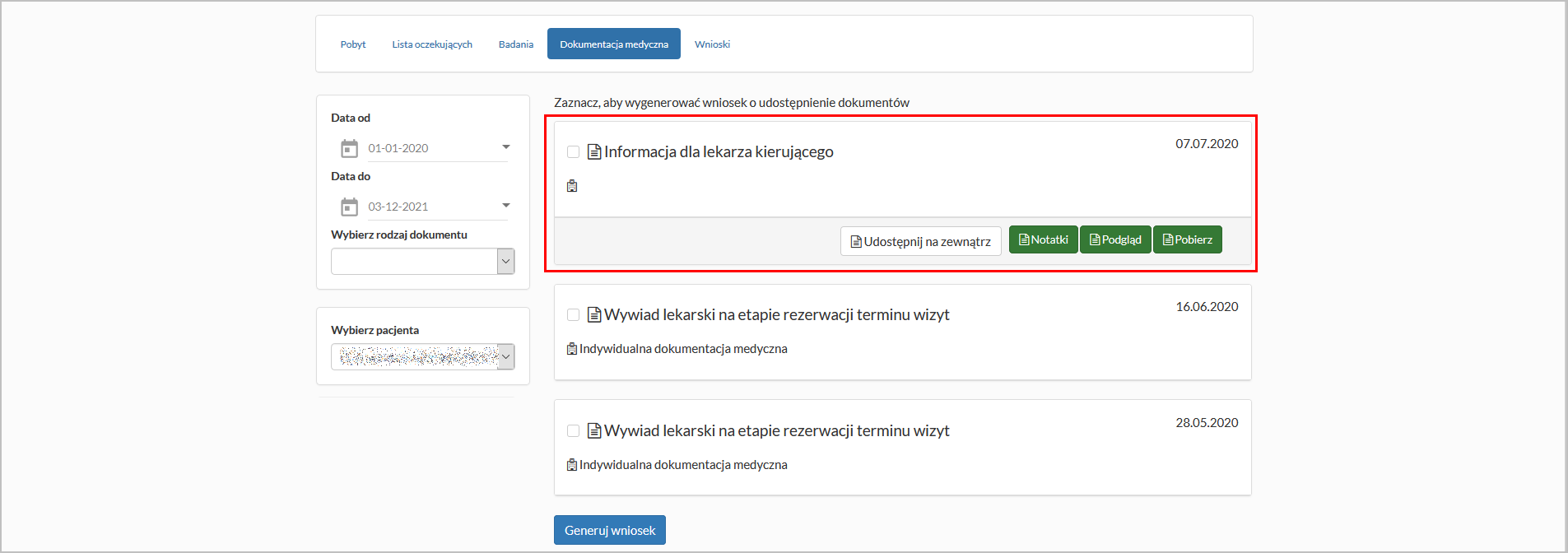 Zakładka "Dokumentacja medyczna" - przyciski dostępne dla dokumentu