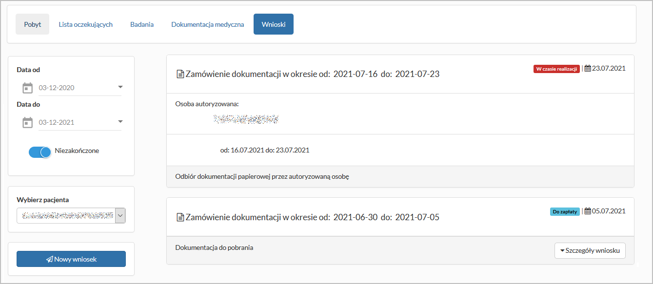 Zakładka "Wnioski" - dane szczegółowe wniosku