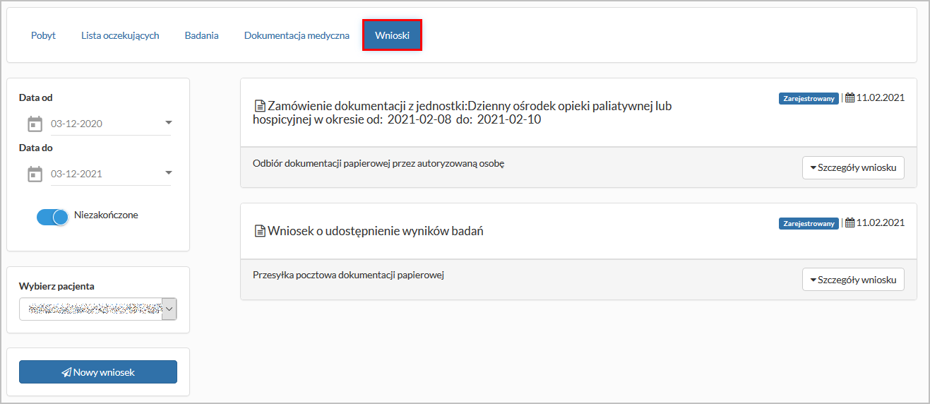 Okno "Świadczenia" - zakładka "Wnioski"