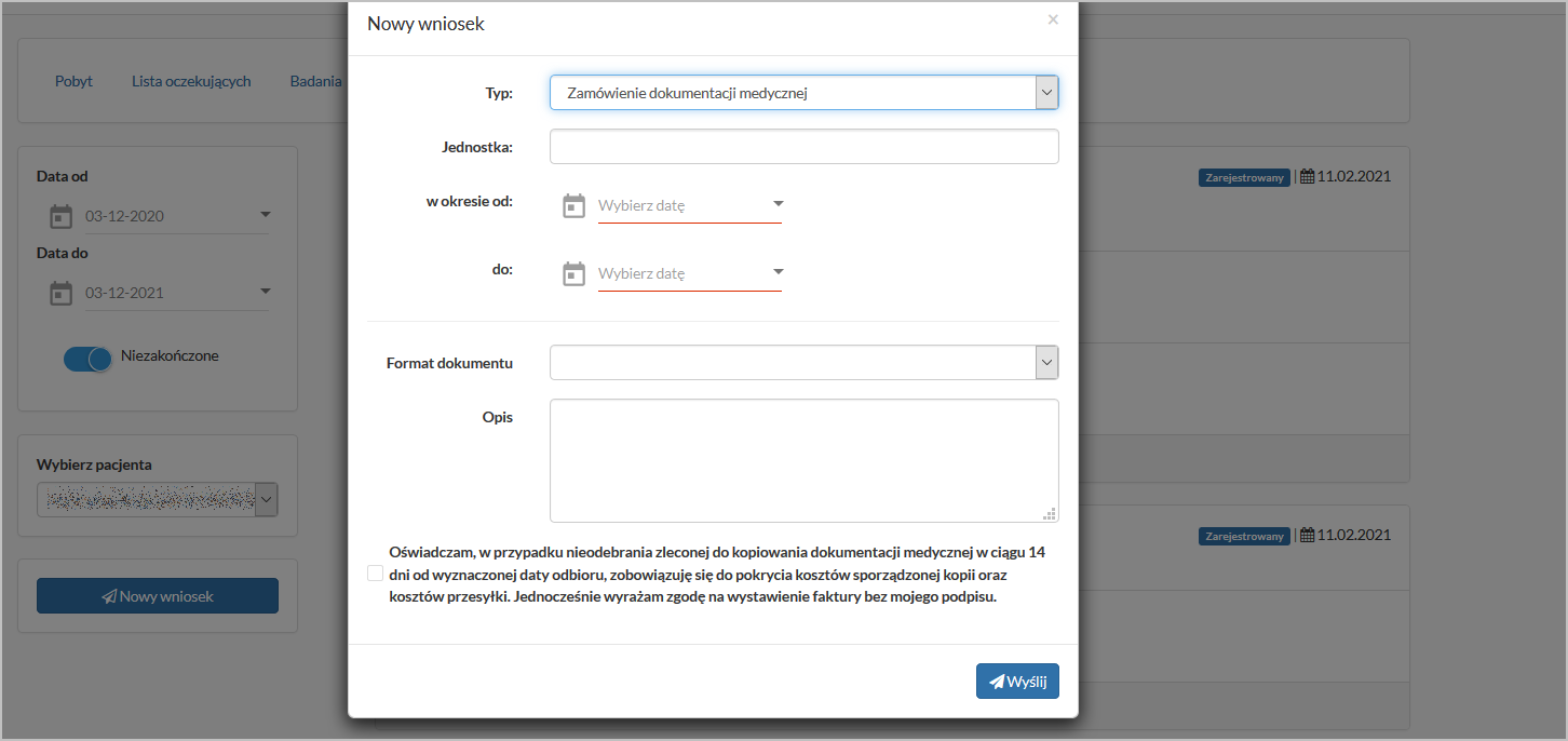 Zakładka "Wnioski" - okno dodawania nowego wniosku