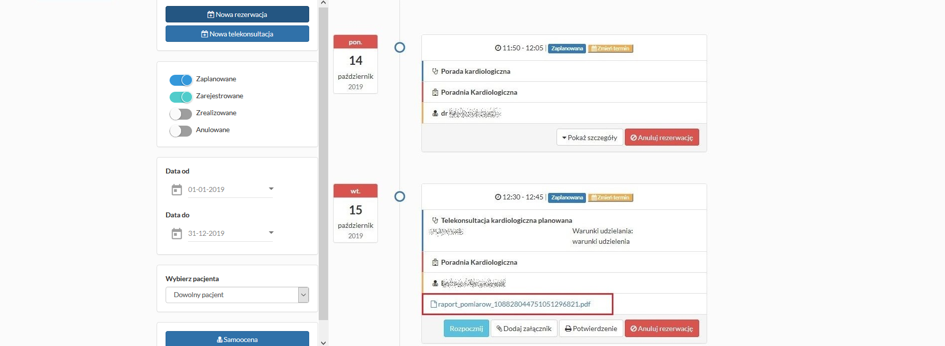 Nowa telekonsultacja - dołączone wyniki pomiarów na liście rezerwacji