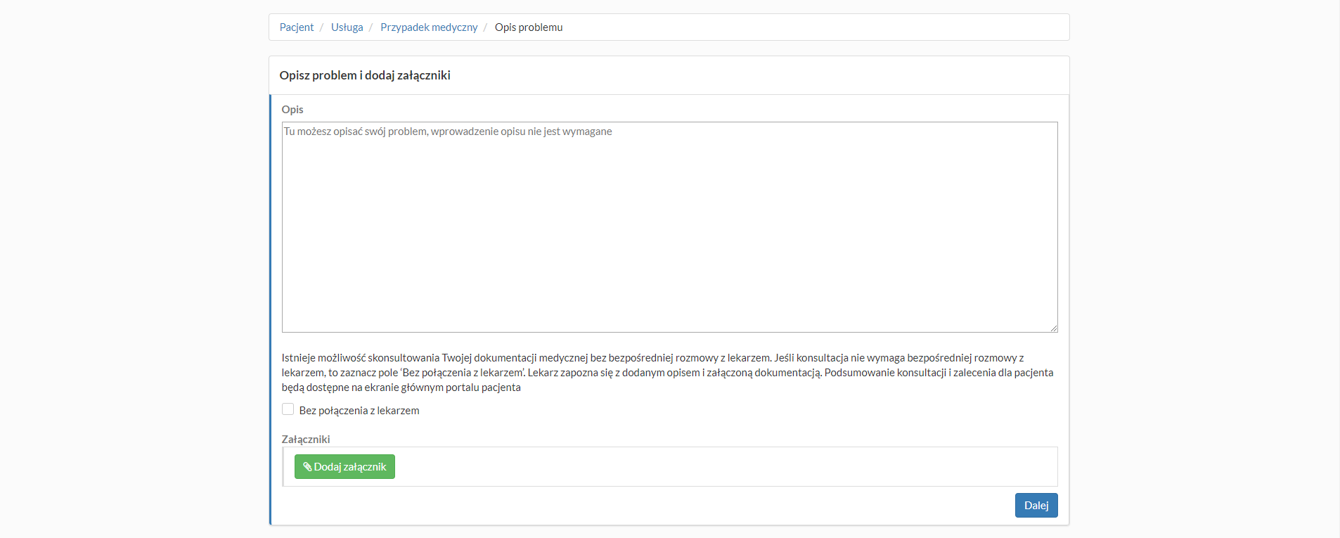 Nowa telekonsultacja - okno nowego opisu problemu