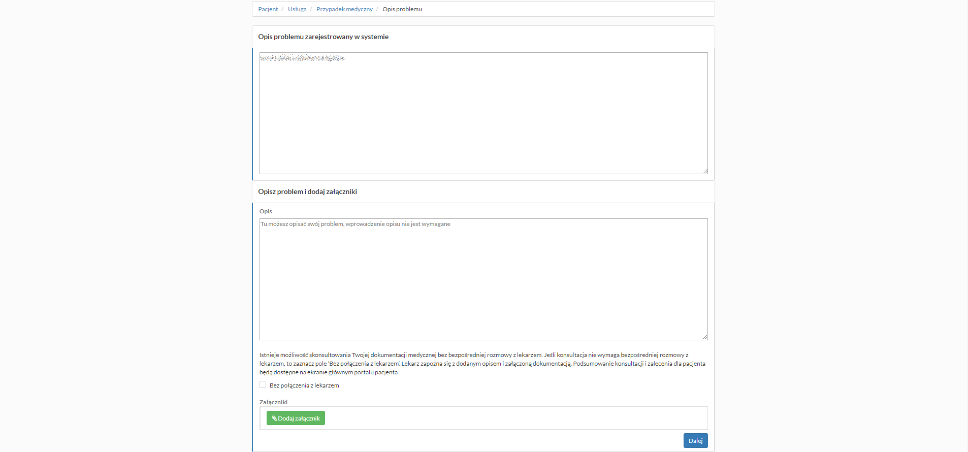 Nowa telekonsultacja - okno z opisem problemu