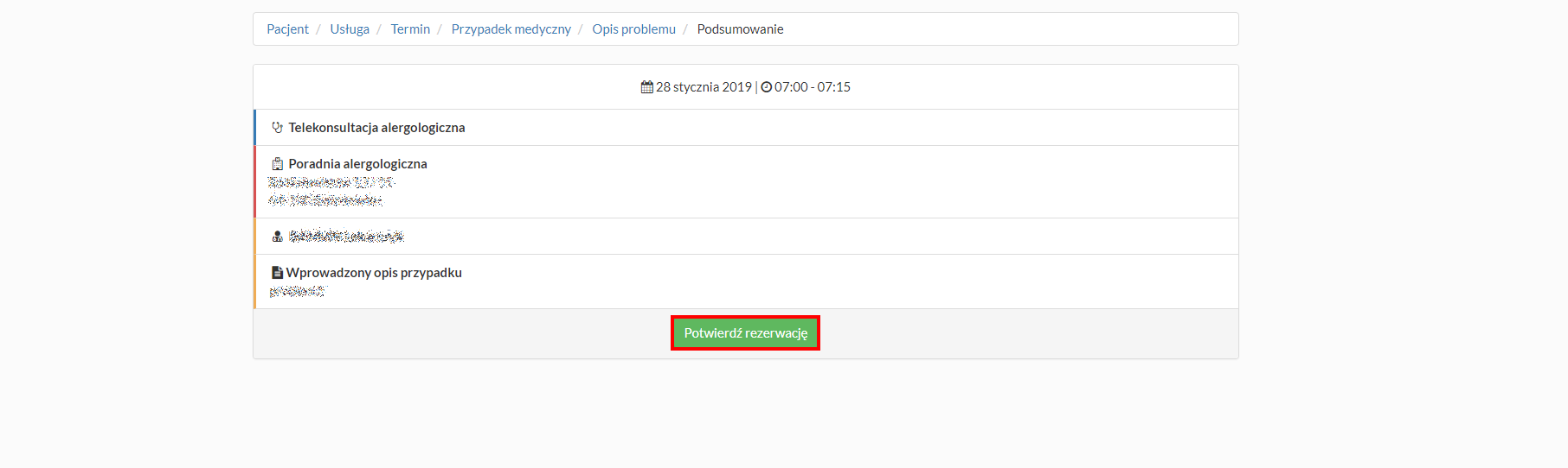 Nowa telekonsultacja - potwierdzenie rezerwacji na konsultację