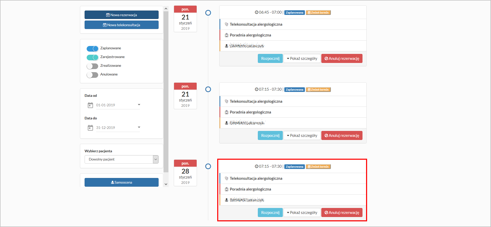 Nowa telekonsultacja - lista zaplanowanych konsultacji