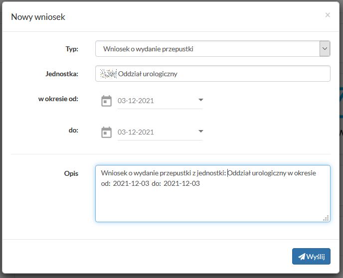 Zakładka "Wnioski" - okno dodawania nowego wniosku o wydanie przepustki