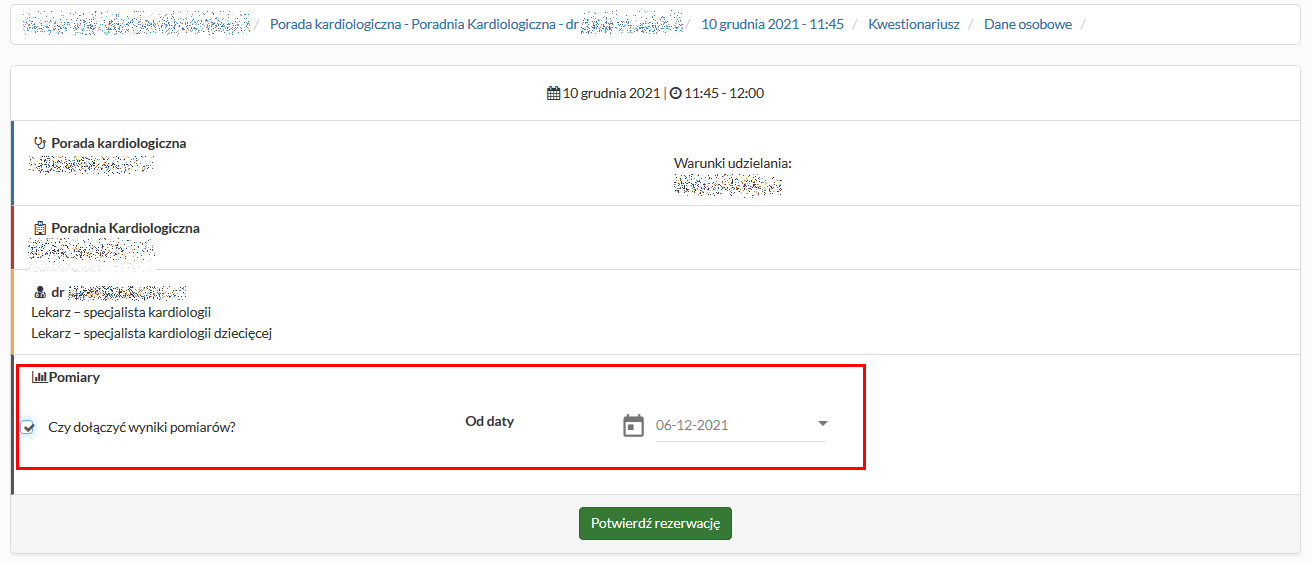 Tworzenie nowej rezerwacji - opcja dołączenia wyników pomiaru