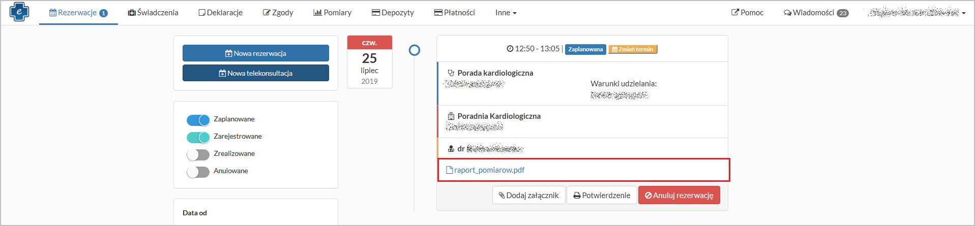 Tworzenie nowej rezerwacji - raport wyników pomiarów