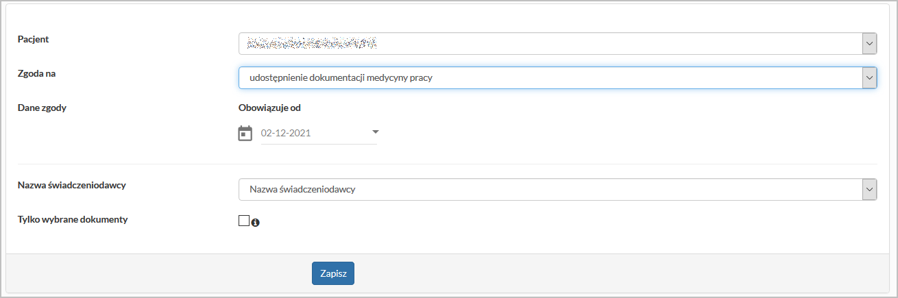 Okno dodawania zgody na udostępnienie dokumentacji medycyny pracy
