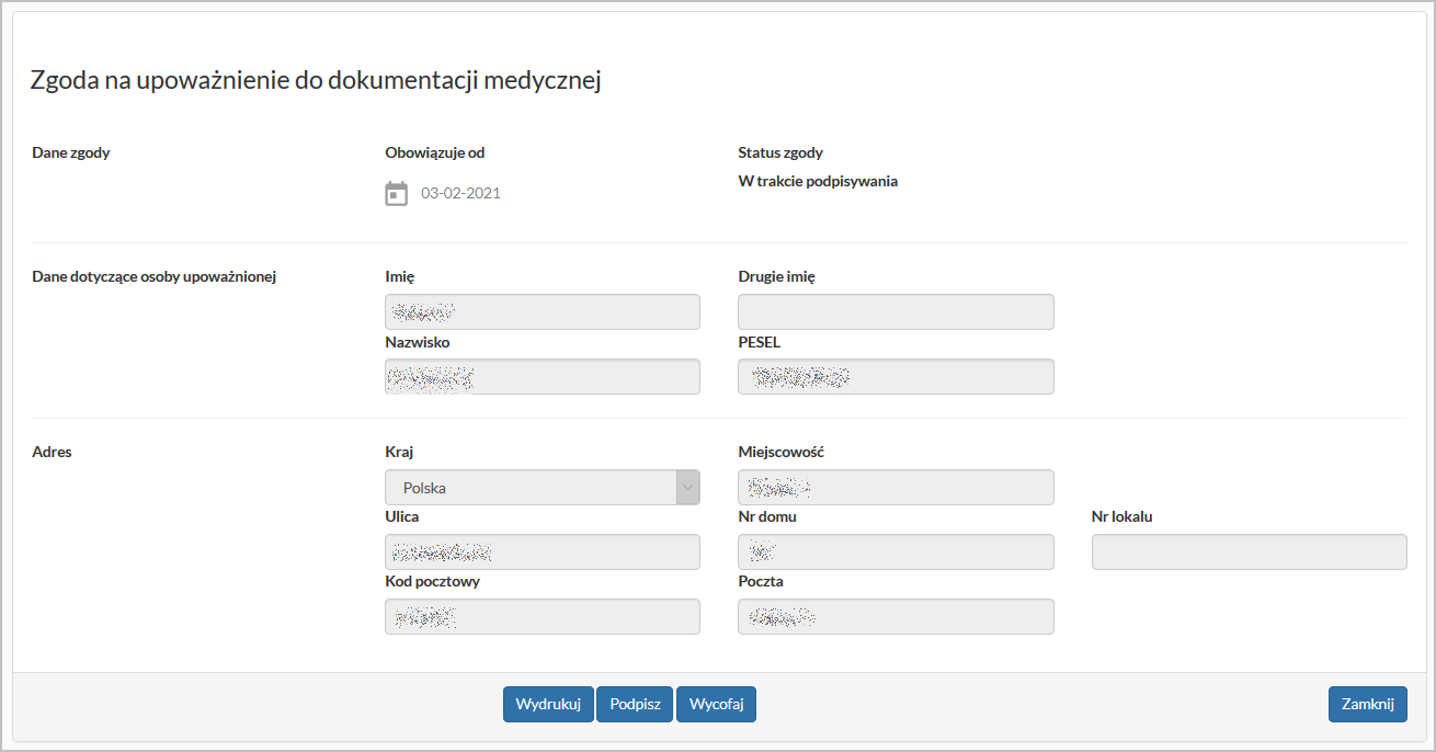 Okno danych zgody na udostępnienie danych medycznych