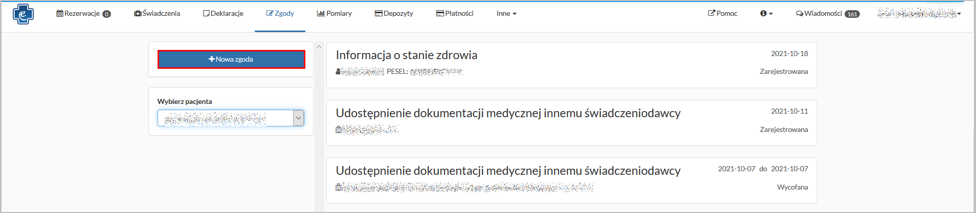 Okno "Zgody" - dodawanie nowej zgody
