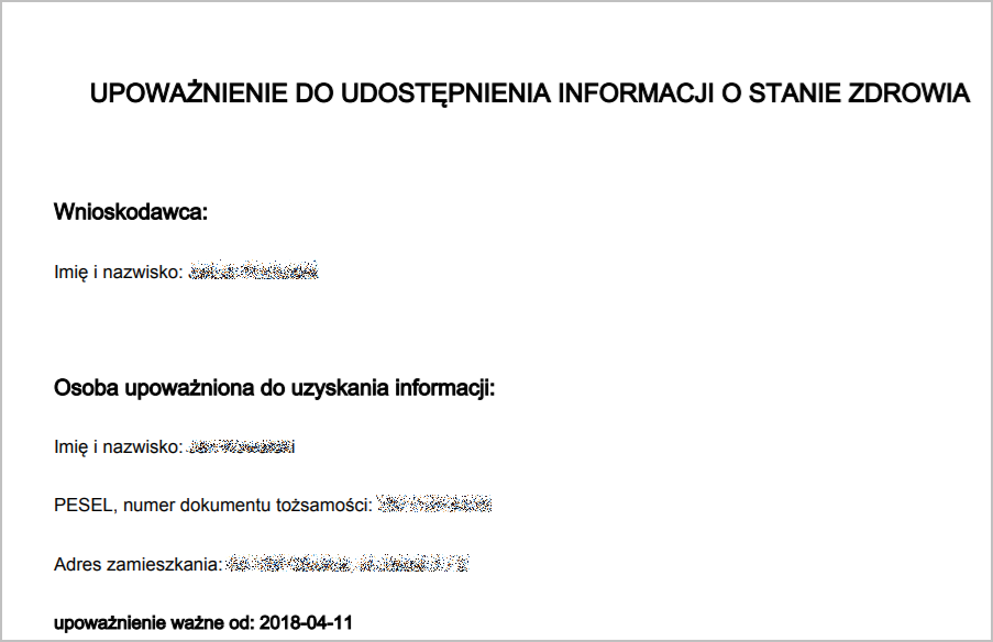 Przykładowy wydruk upoważnienia do udostępnienia informacji o stanie zdrowia