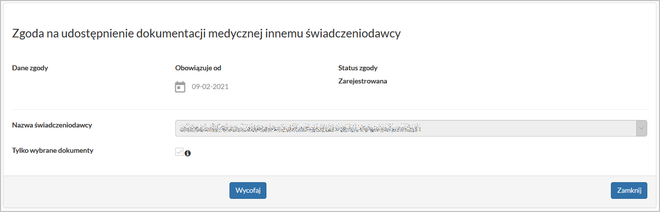 Okno danych zgody na udostępnienie dokumentacji medycznej innemu świadczeniodawcy