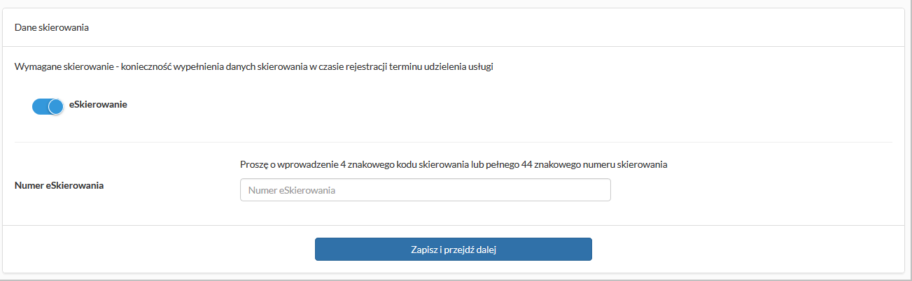 Tworzenie nowej rezerwacji - okno danych e-skierowania