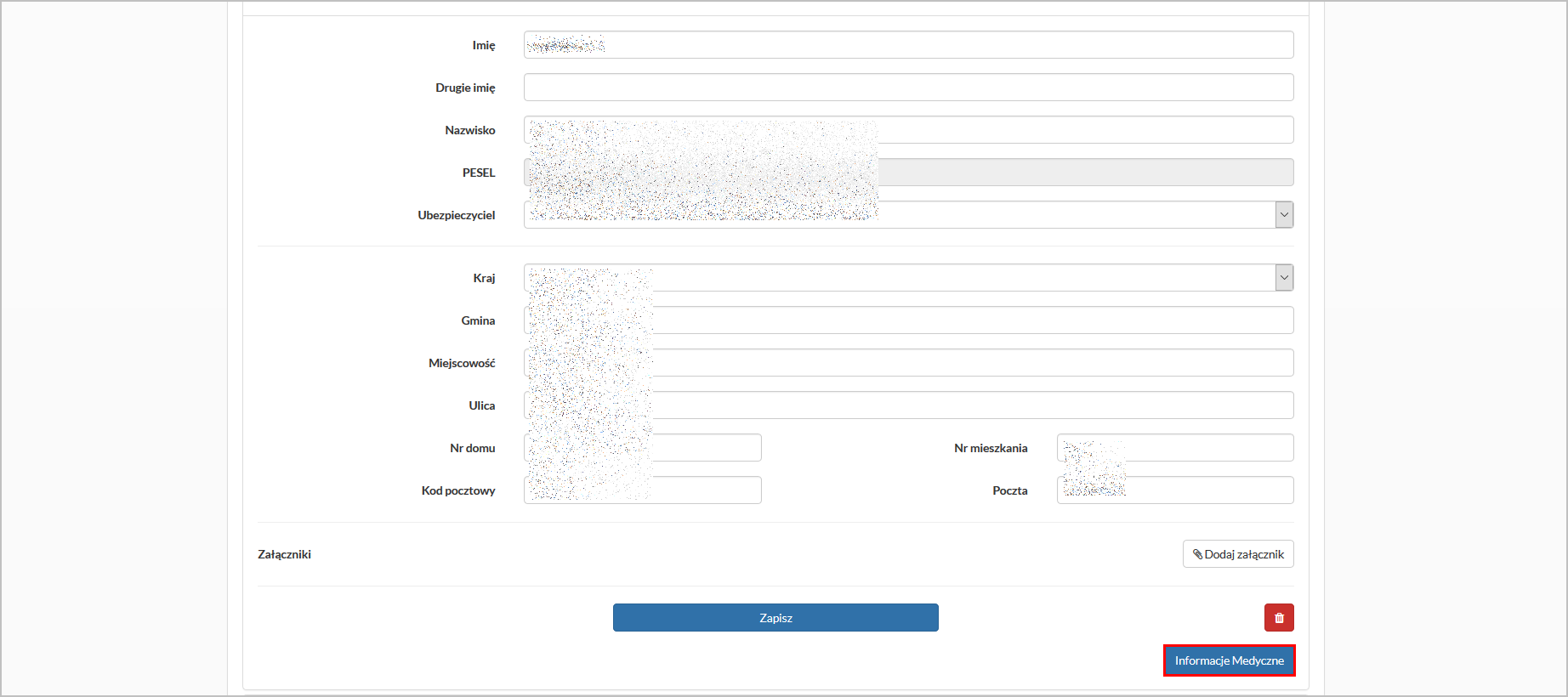 Okno "Konto" - przycisk "Informacje Medyczne"